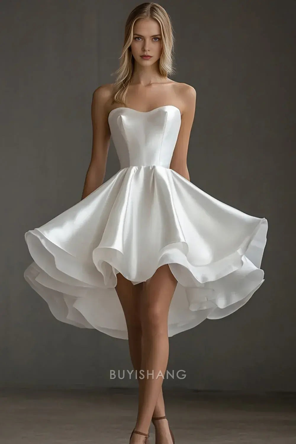 Elegant A-Line Strapless White Satin Sweetheart Short High - Low Satin Party Dress Graduation Dress Prom Dresses
